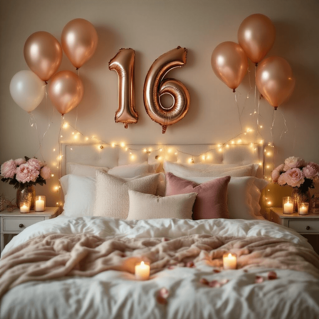 16-Inch Number Balloons: The Tiny Party Heroes That Pack a Punch Cozy candlelit bedroom setup with rose gold number balloons on white bedding, layered throw pillows, fairy lights, floating candles, metallic confetti, and fresh pink peonies in mercury glass vases, creating an elegant celebration atmosphere.