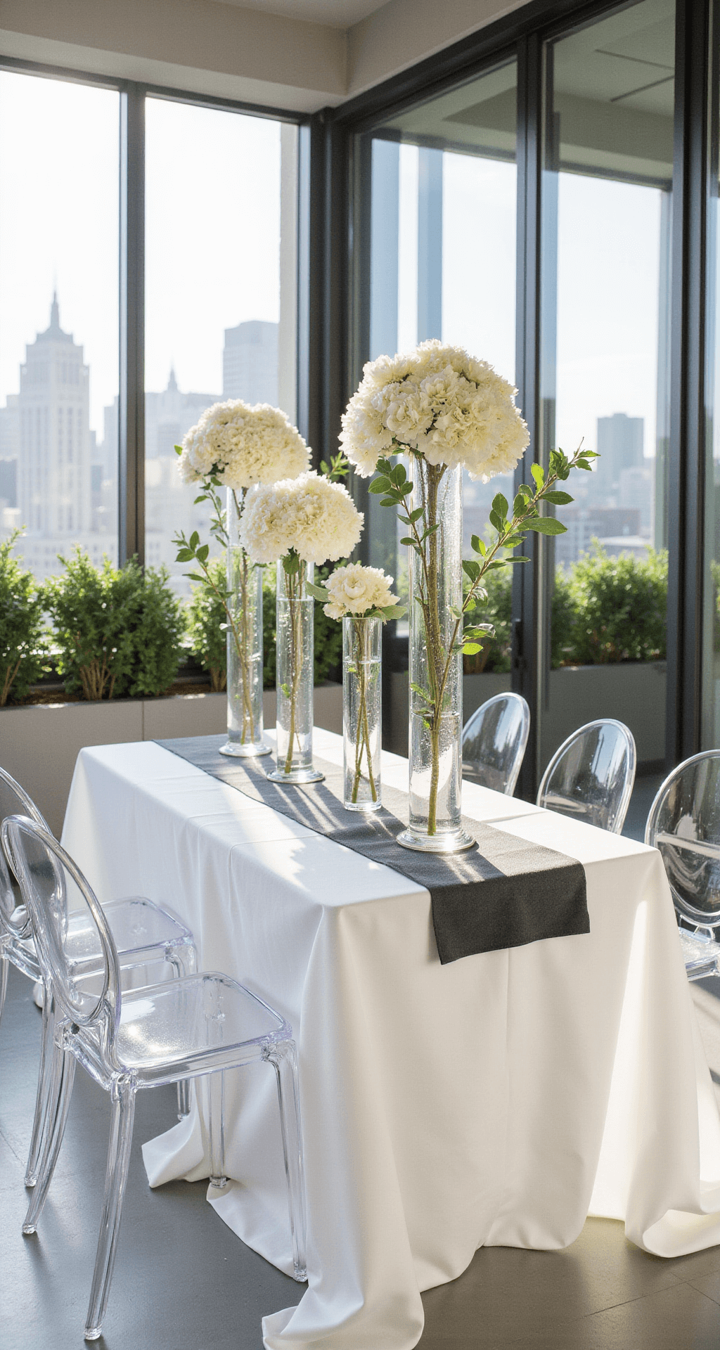 Hydrangea Wedding Decor: How to Create Stunning Arrangements Without Breaking the Bank Minimalist rooftop wedding setup featuring clear vases with white hydrangeas and eucalyptus on acrylic tables, surrounded by ghost chairs, in soft morning light with an urban skyline backdrop.