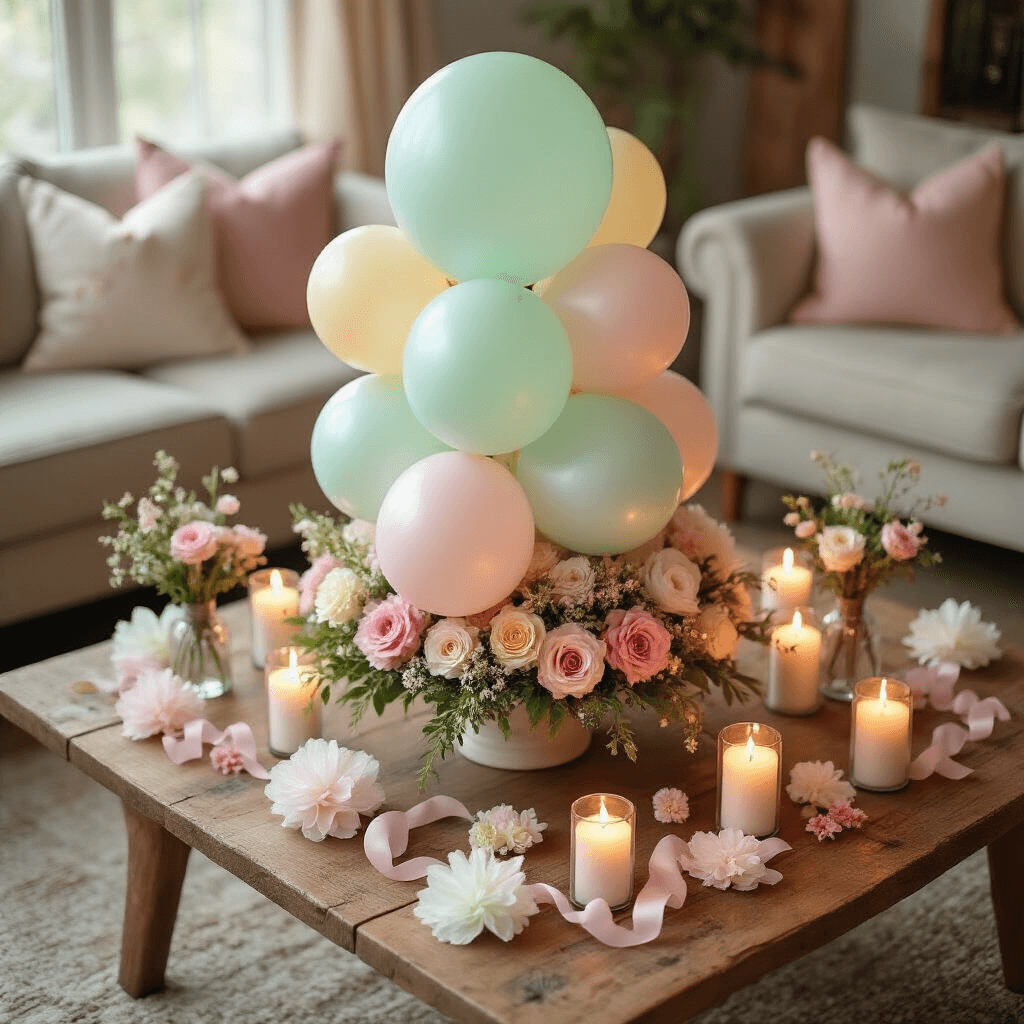 How to Create Stunning Balloon Bouquets That'll Make Your Guests Go "Wow!" Overhead view of a cozy living room setup for a baby shower, featuring a tiered balloon bouquet in pastel hues, a low wooden coffee table adorned with delicate floral arrangements, tissue paper puffs, curly ribbons, and flickering candlelight, creating a whimsical, intimate atmosphere.