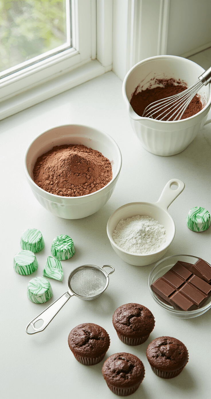 Chocolate Mint Cupcakes: The Recipe That'll Make You Look Like a Baking Genius Overhead view of a pristine kitchen counter organized with baking ingredients for chocolate mint cupcakes, featuring white ceramic mixing bowls, sifted cocoa powder, measuring cups, and Andes mints, all bathed in soft natural light with a mint green and chocolate brown color scheme.