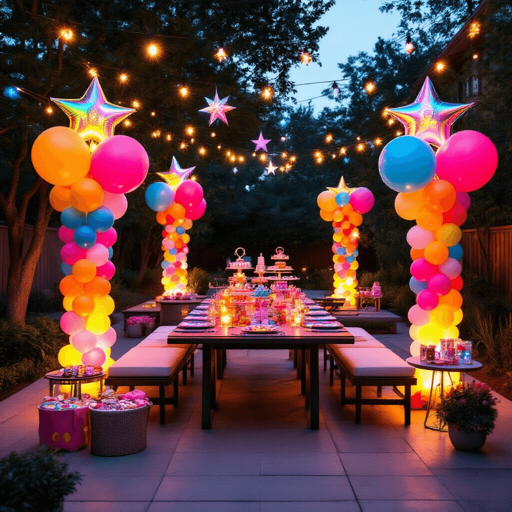 How to Create Stunning Balloon Bouquets That'll Make Your Guests Go "Wow!" A vibrant backyard birthday celebration featuring bold balloon columns, a modern dining setup, dessert carts, and festive decorations illuminated by warm fairy lights, creating a magical atmosphere.
