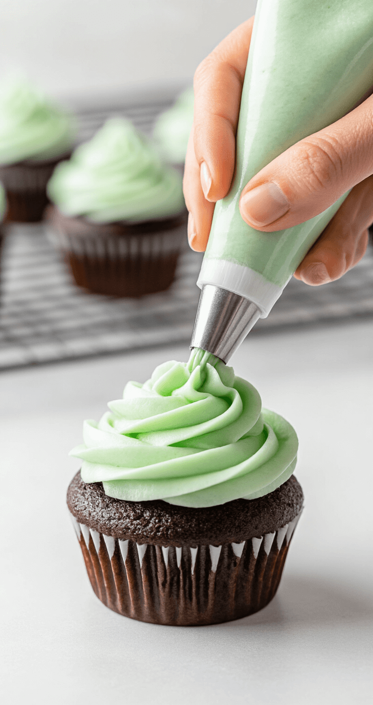 Chocolate Mint Cupcakes: The Recipe That'll Make You Look Like a Baking Genius Close-up of a hand using a star-tipped piping bag to create a mint green buttercream swirl on a dark chocolate cupcake, with a soft focus background of a wire cooling rack and subtle kitchen lighting highlighting texture and color.