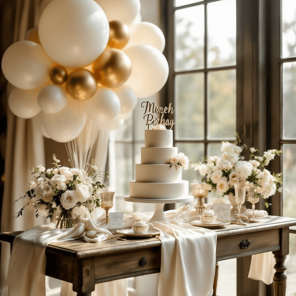 How to Create Stunning Balloon Bouquets That'll Make Your Guests Go "Wow!" Elegant wedding dessert station setup with tiered cake on a vintage wooden table, adorned with silk runners and sophisticated balloon displays in pearl white and gold, surrounded by soft florals and glassware, illuminated by midday sunlight.