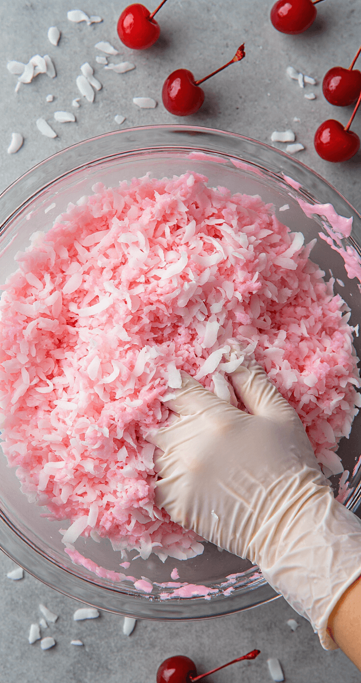 Coconut Snowball Cake: The Pink-Tinted Retro Dessert That'll Transport You Back to Childhood Hands in culinary gloves massaging shredded coconut with pink gel food coloring in a stainless steel bowl, surrounded by maraschino cherries and dramatic side lighting enhancing the texture and color contrast.