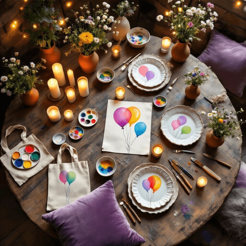 Hot Air Balloon Art: Every Creative Technique You Need to Make Something Beautiful A cozy dining nook transformed into a whimsical art party venue, featuring low wooden tables with hand-painted watercolor balloon motifs, soft fairy lights, flickering candles, and floor cushions in lavender and cream. The space is decorated with layered textiles, oil pastels, ceramic dishes of acrylic paints, fresh wildflowers in terracotta vessels, and personalized canvas tote bags as favors, all bathed in warm candlelight.