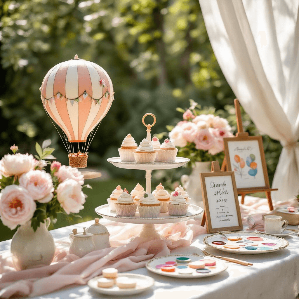 Hot Air Balloon Art: Every Creative Technique You Need to Make Something Beautiful Close-up of a stylish backyard garden party dessert cart featuring hot air balloon art supplies, including miniature papier-mâché balloon sculptures, gold-rimmed glassware with paint water, and watercolor masterpieces on vintage brass easels, accented by fresh peonies and garden roses in cream and blush tones, all under sheer white drapery.