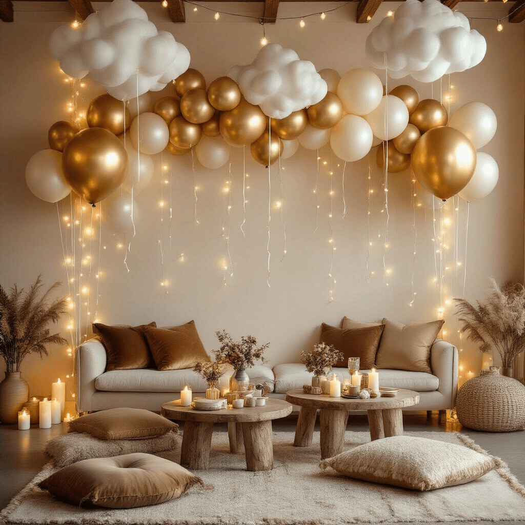 Foil Balloons: How to Transform Any Space Without Breaking the Bank (Or Using Helium) Photorealistic image of a whimsical party scene in a cozy living room, featuring a balloon wall installation, warm string lights, and a mix of foil and latex balloons, all creating a magical atmosphere.