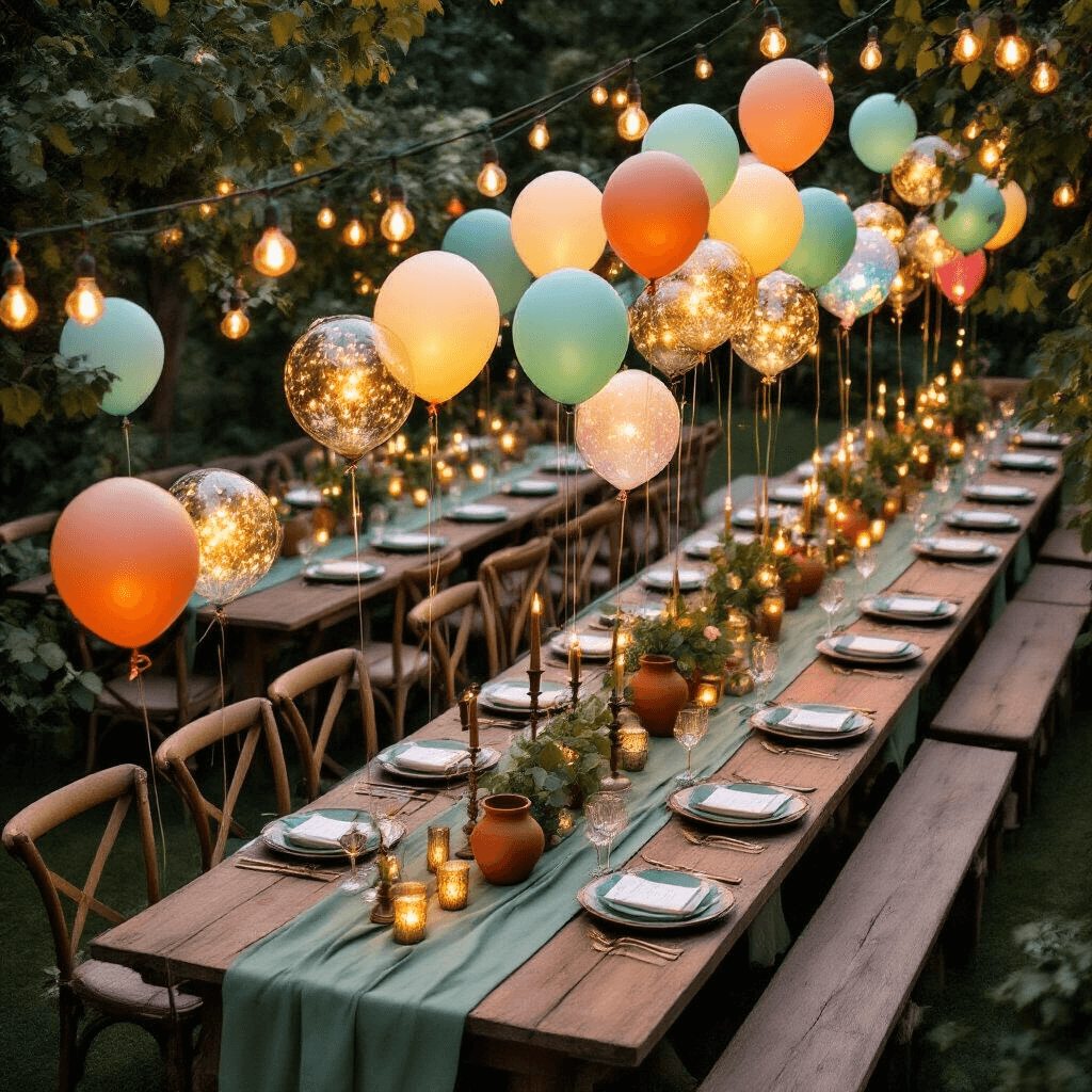 Light Up Balloons: Everything You Need to Know Before Your Next Party Aerial view of an elegant garden party setup during the blue hour, featuring rustic long wooden tables with sage green runners and terracotta centerpieces, illuminated by multicolored LED bobo balloons and string bistro lights, accented with fresh eucalyptus garlands and brass candlesticks.