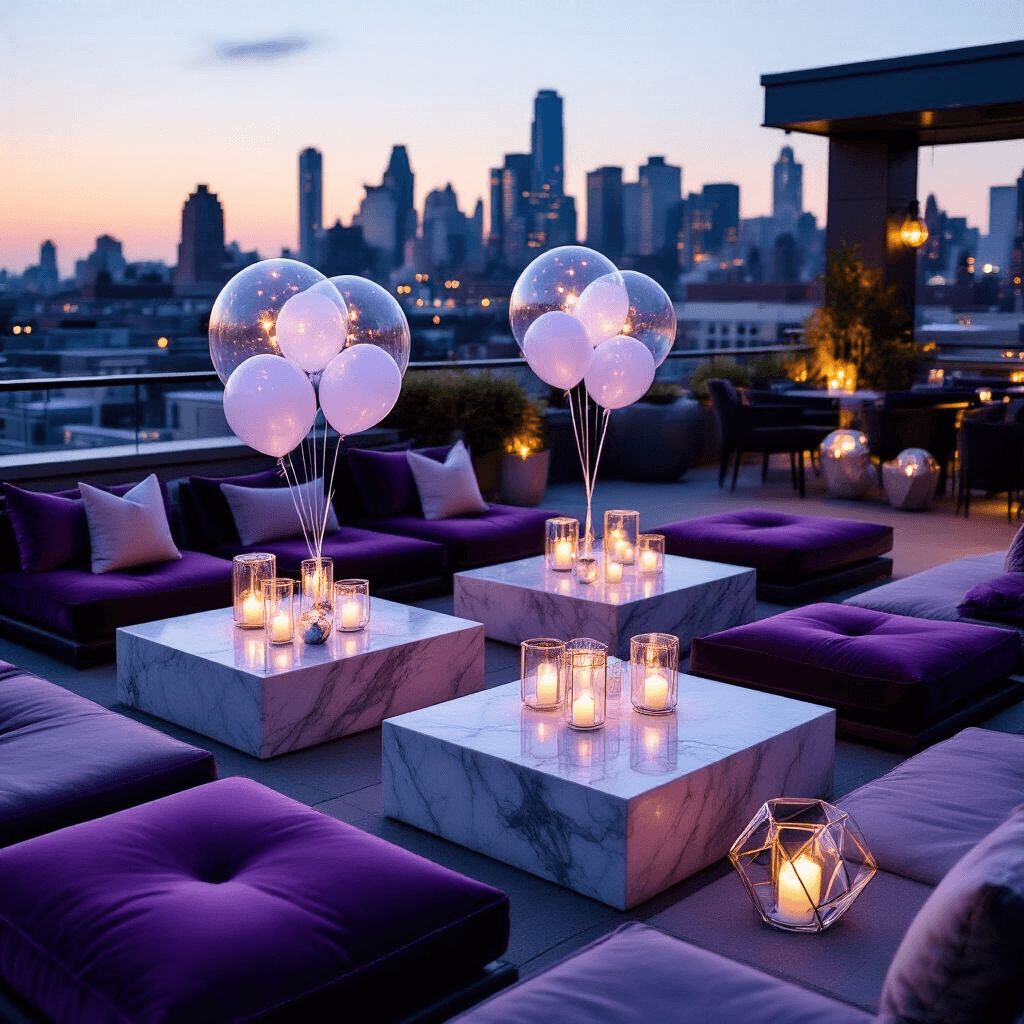 Light Up Balloons: Everything You Need to Know Before Your Next Party A sophisticated rooftop terrace party setup at twilight, featuring low marble cocktail tables surrounded by velvet floor cushions, illuminated by floating LED balloons in lavender and silver tones, with geometric glass terrariums and modern ceramic serving pieces amidst a backdrop of city lights.