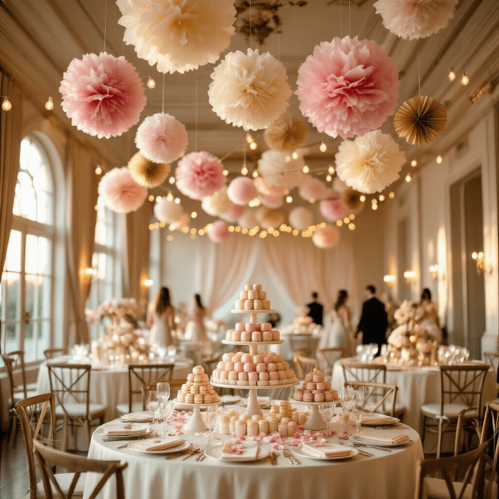 Beyond Balloons: Birthday Decorations That Won't Trash the Planet (Or Your Style) A wide-angle view of an elegant indoor ballroom during golden hour, adorned with cascading tissue paper pom-poms in blush pink, cream, and soft gold, round tables draped in ivory silk linens with pastel macarons and decorated cookies, warm LED string lights, and a DIY photo booth backdrop, all highlighted by natural light streaming through tall windows.