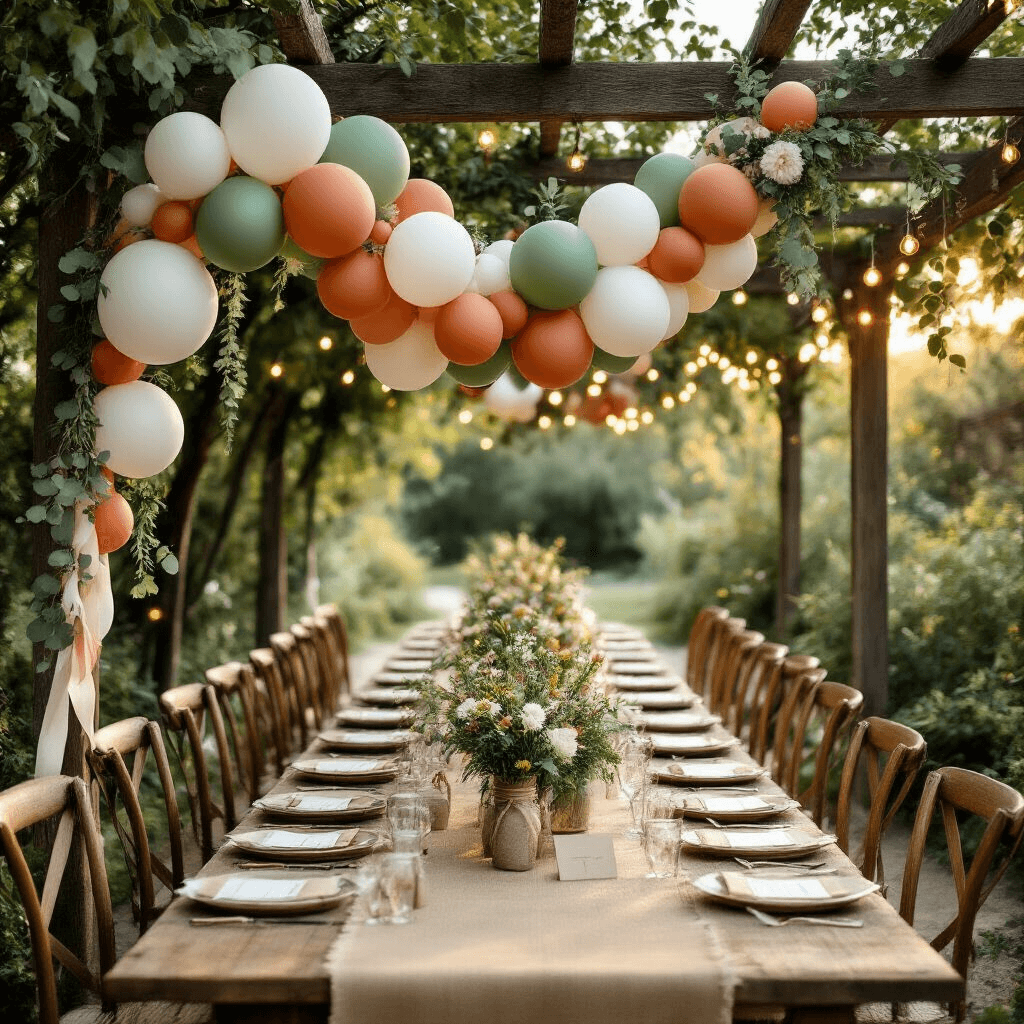 Anniversary Balloon Decorations That'll Make Your Celebration Pop (Without Popping Your Budget) Photorealistic anniversary celebration in a whimsical garden, featuring an organic balloon garland on a rustic pergola, long farm tables with burlap runners and wildflower centerpieces, vintage chairs, fairy lights overhead, and DIY decor including kraft paper place cards and a vintage ladder with anniversary photos.