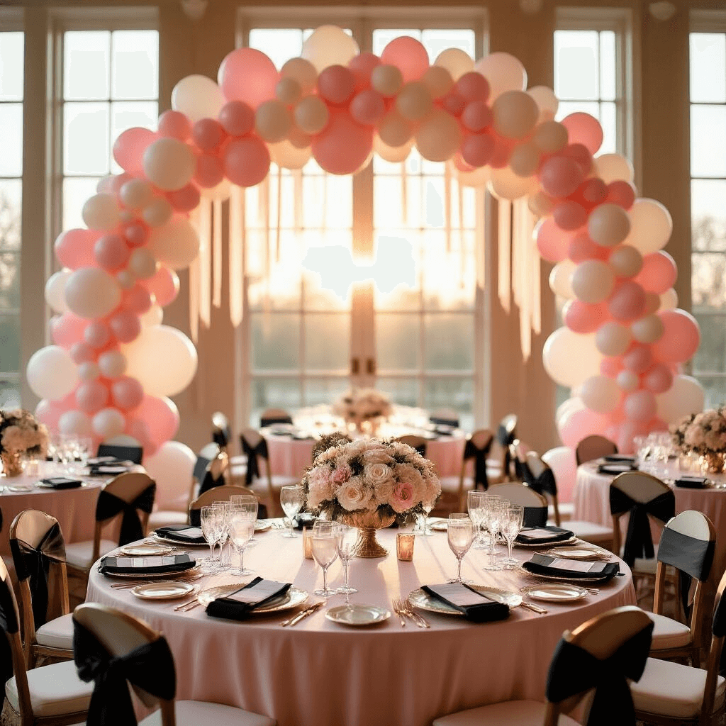 Coquette Balloons: Everything You Need to Know About This Romantic Party Trend A luxurious indoor ballroom illuminated by golden hour light, featuring a pink and white coquette balloon arch, round tables with blush silk linens and white floral centerpieces, and elegant place settings, all contributing to a romantic atmosphere.