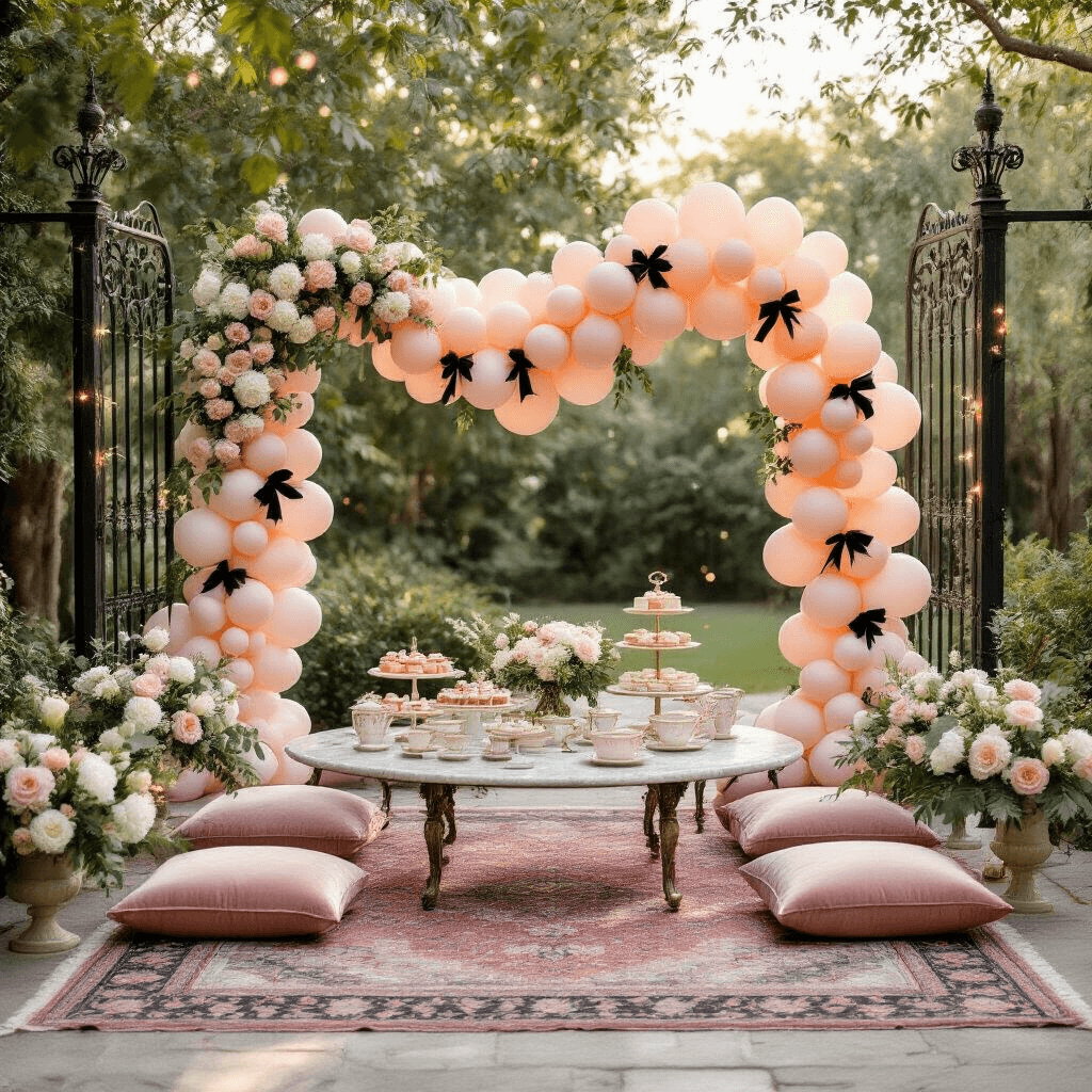 Coquette Balloons: Everything You Need to Know About This Romantic Party Trend An elegant garden bridal shower setup featuring a coquette balloon garland between ornate iron posts, low marble tables with velvet cushions on Persian rugs, fresh eucalyptus and white peonies, fairy lights, and vintage china tea sets with pastries, all under soft morning light.