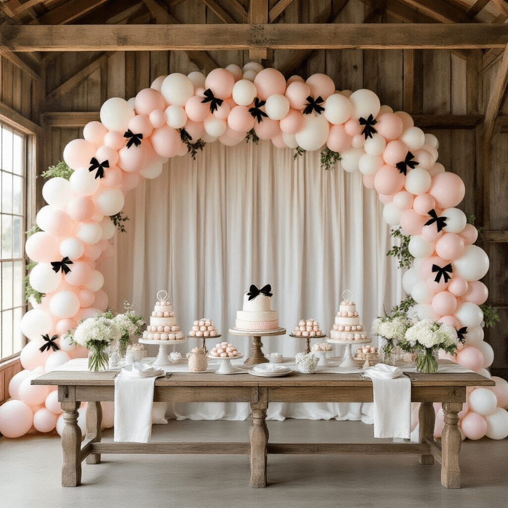 Coquette Balloons: Everything You Need to Know About This Romantic Party Trend A rustic barn baby shower transformed with a pink and white balloon arch, weathered wood beams, ivory linen-covered farm tables, vintage brass candlesticks, and fresh greenery, illuminated by natural light.