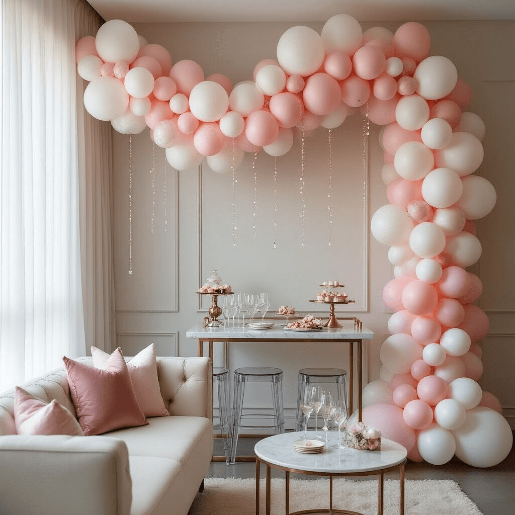 Coquette Balloons: Everything You Need to Know About This Romantic Party Trend Upscale modern apartment living space adorned for a milestone birthday celebration, featuring a coquette balloon garland in soft pink and white, a marble-topped dessert bar cart with elegant glassware and gold-rimmed accessories, surrounded by ghost chairs and accentuated by sheer white drapery and blush silk pillows.