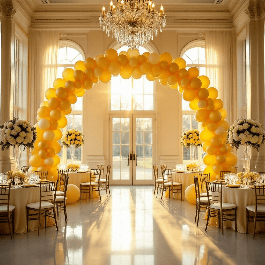 Yellow Balloons: Everything You Need to Know for Your Next Party A spacious indoor ballroom elegantly decorated with a yellow and gold balloon arch at the entrance, sunlight streaming through tall windows, casting warm highlights on round tables with silk ivory linens, crystal chandeliers above, and fresh white roses alongside smaller balloon bouquets at each table.