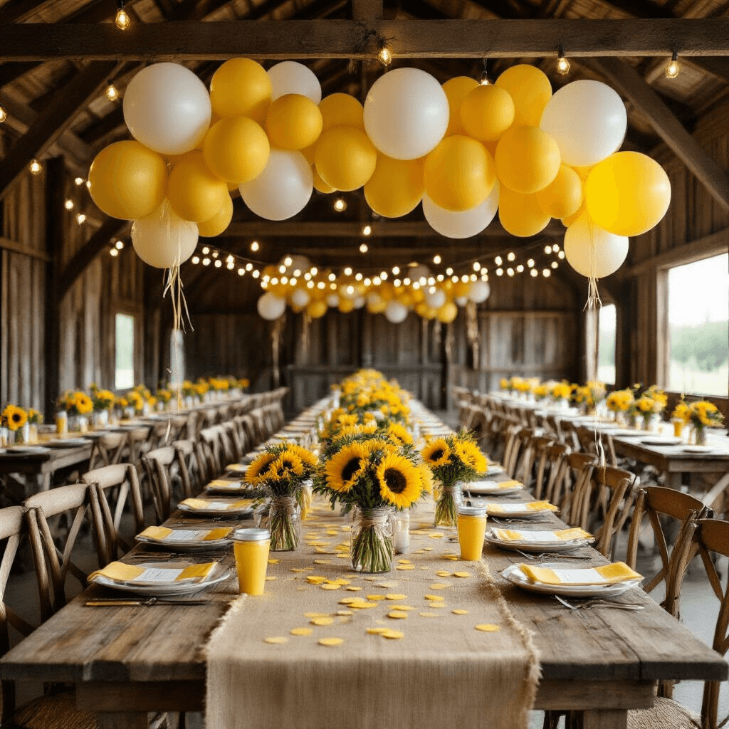 Yellow Balloons: Everything You Need to Know for Your Next Party An overhead flat lay photograph of a rustic barn wedding reception featuring yellow and white balloon arrangements, long farm tables with burlap runners and sunflower-filled mason jars, string lights illuminating the scene, vintage wooden chairs, and a DIY balloon garland across wooden rafters, all set in soft evening light.