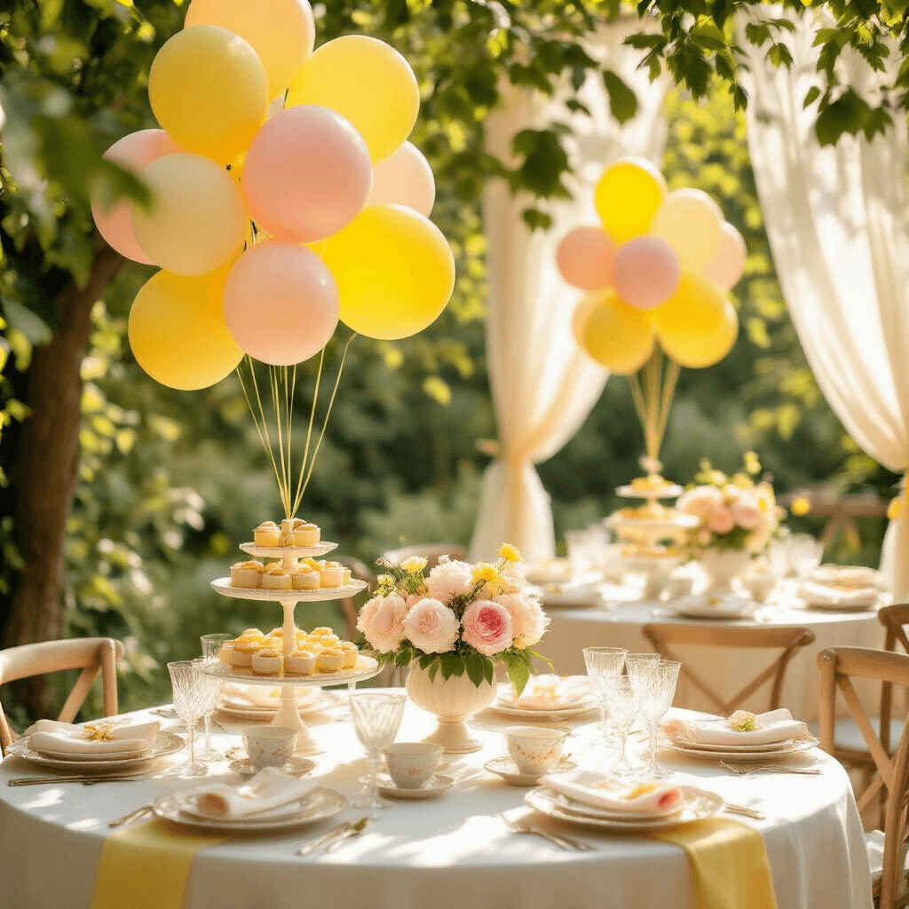 Yellow Balloons: Everything You Need to Know for Your Next Party A sunlit garden baby shower with yellow and pink balloon decorations, featuring round white tables with pale yellow tablecloths, vintage china, and crystal glassware, alongside pastel treats on tiered dessert stands. Fresh peonies and garden roses in blush pink complement the decor, while sheer yellow and white drapery flutter in the background. Golden hour light filters through tree branches, casting dappled shadows over personalized favor boxes and custom balloon weights.