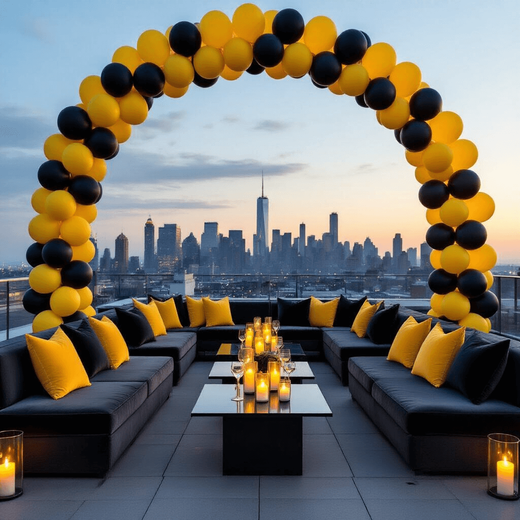 Yellow Balloons: Everything You Need to Know for Your Next Party A sophisticated rooftop terrace birthday celebration featuring yellow and black balloon installations against a city skyline at night, with low lounge tables, velvet cushions, warm candlelight, and elegant table settings.