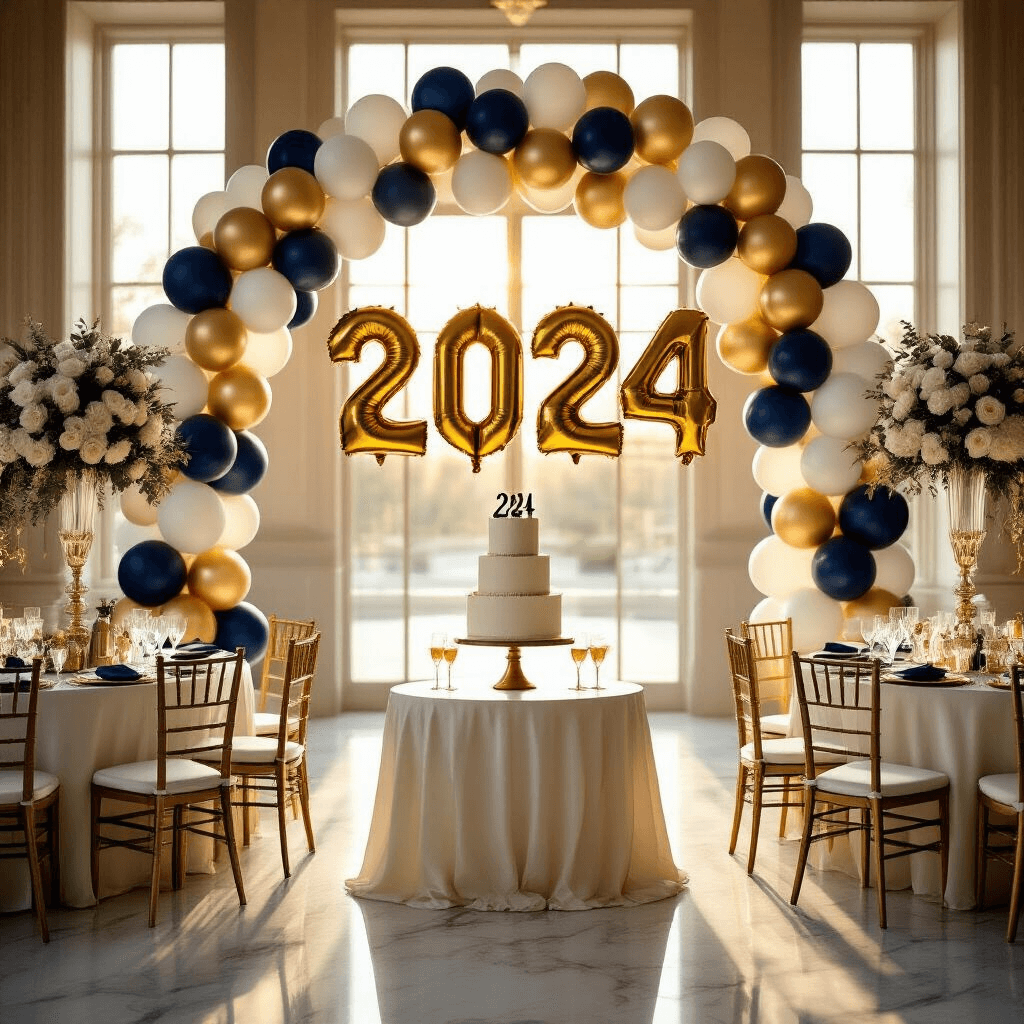 Graduation Balloons: Your Complete Guide to Celebrating This Massive Achievement Photorealistic indoor ballroom elegantly decorated for graduation with a golden balloon arch, round tables in silk ivory linens, foil graduation cap balloon centerpieces, and a tiered cake beneath jumbo '2024' balloons, bathed in warm sunlight.