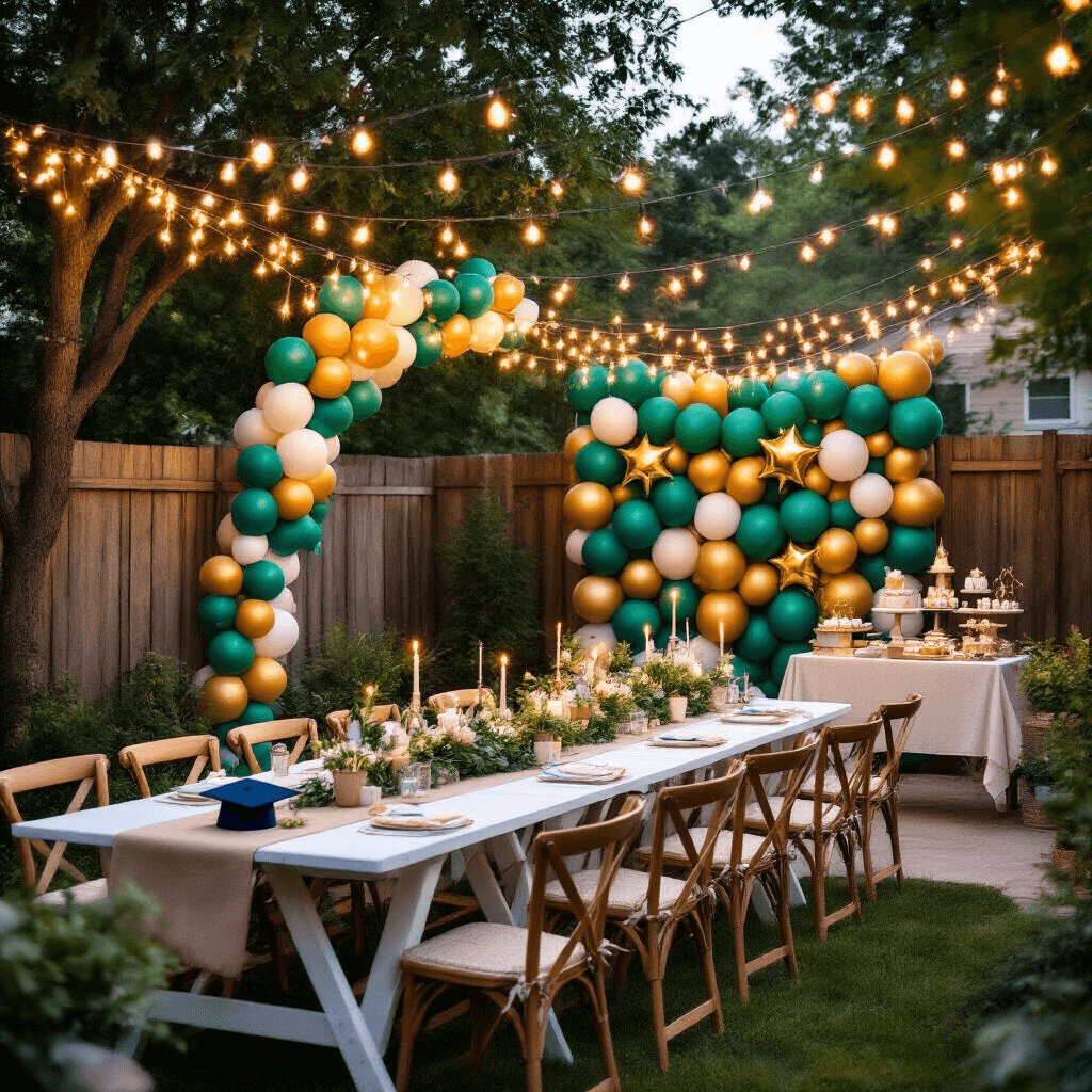 Graduation Balloons: Your Complete Guide to Celebrating This Massive Achievement Cinematic overhead shot of a stylish backyard graduation celebration featuring picnic tables with ombré jewel tone balloon garlands, fairy lights, a DIY photo booth with a balloon wall, and a dessert cart adorned with diploma-shaped balloons.
