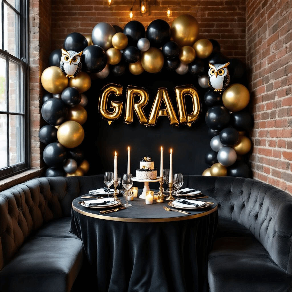 Graduation Balloons: Your Complete Guide to Celebrating This Massive Achievement Intimate graduation dining nook with candlelight, featuring a sophisticated balloon installation, velvet linens, gold flatware, and geometric centerpieces, set against exposed brick walls.