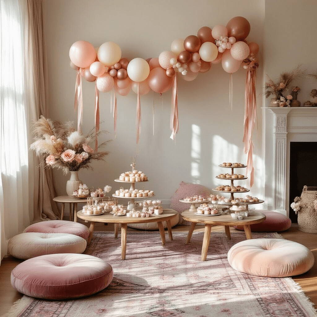 Graduation Balloons: Your Complete Guide to Celebrating This Massive Achievement Flat lay of a whimsical cozy living room graduation setup featuring floor cushions, low wooden tables with blush pink and cream balloon centerpieces, a balloon garland on the mantelpiece, layered Persian rugs, and a dessert display on tiered stands, all illuminated by soft morning light through sheer curtains.
