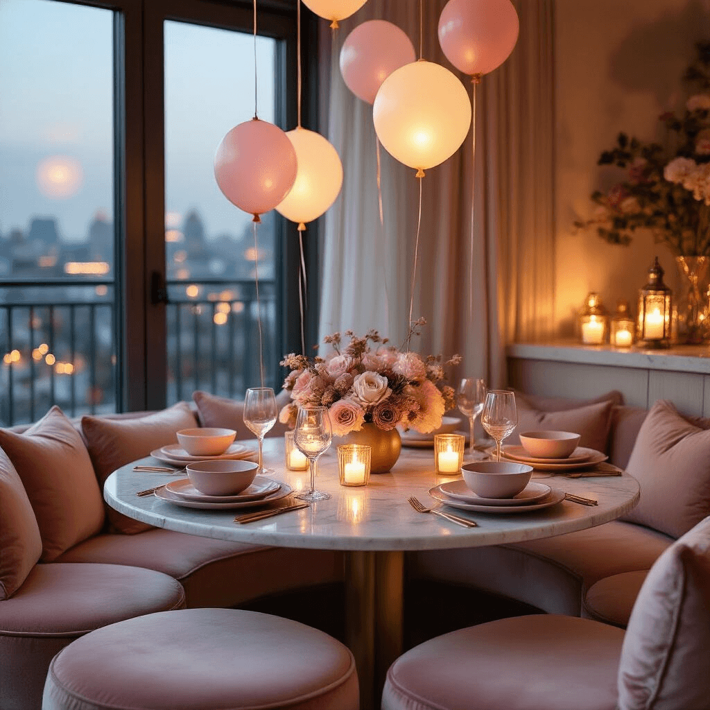 Pastel Balloons Are My Secret Weapon for Creating Dream-Worthy Celebrations Without Breaking the Bank Close-up of a cozy modern dining nook set for an intimate dinner party, featuring low round tables with cream and blush velvet cushions, unique pastel balloon centerpieces with silk flowers, and Moroccan brass lanterns casting shadows. LED balloon lights glow softly within translucent balloons, with a marble countertop backdrop displaying neutral ceramic serving pieces and sheer curtains framing city lights beyond, all illuminated by warm candlelight.