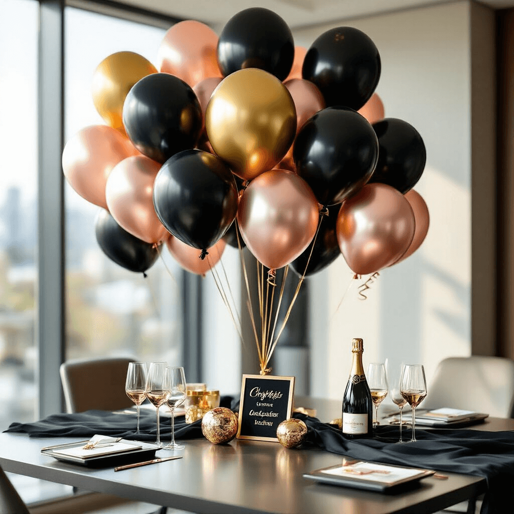 Congratulations Balloons: Everything You Need to Know About Celebrating Life's Big Wins An elegant office promotion celebration setup on a sleek conference table featuring black, gold, and rose gold balloons, silk black linens, gold-rimmed glassware, and personalized signage, all illuminated by soft morning light.
