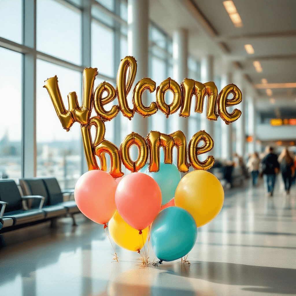 Welcome Home Balloons: Everything You Need to Know About Creating the Perfect Homecoming Display A vibrant airport arrival scene featuring a large metallic gold 'Welcome Home' balloon cluster near a bustling baggage claim, surrounded by coordinating coral, turquoise, and sunny yellow latex balloons. Soft natural light illuminates the area, highlighting the elegant balloon garland and capturing the emotional anticipation of reunion.