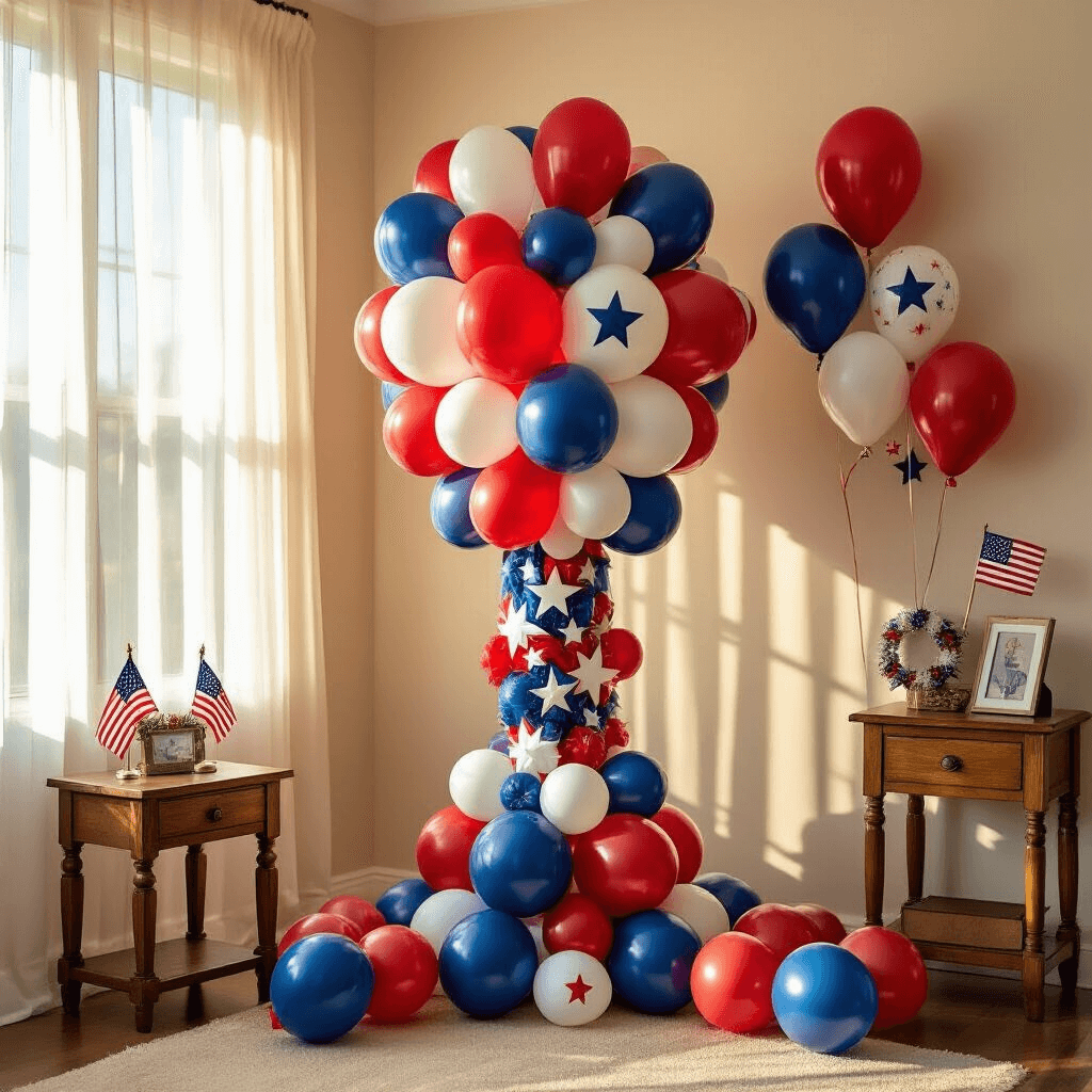Welcome Home Balloons: Everything You Need to Know About Creating the Perfect Homecoming Display An intimate living room decorated for a military homecoming, featuring a large red, white, and blue balloon centerpiece and star-patterned latex balloons, with warm golden hour light filtering through sheer curtains and illuminating a balloon garland on a cream-colored wall.