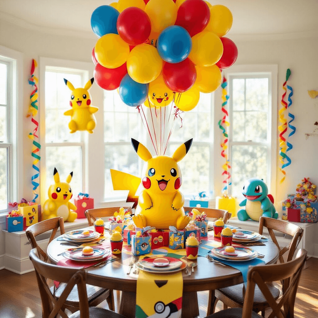 Pokémon Balloons: Everything You Need to Turn Your Party Into a Total Poké-Paradise Wide-angle shot of a sunlit living room decorated as a Pokémon paradise, featuring colorful mylar balloons of Pikachu, Charmander, Squirtle, and Bulbasaur, vibrant latex balloons, curling ribbon streamers, a round birthday table with Pokéball-themed settings, and a large Pikachu balloon centerpiece against white walls adorned with Pokémon wall decals.