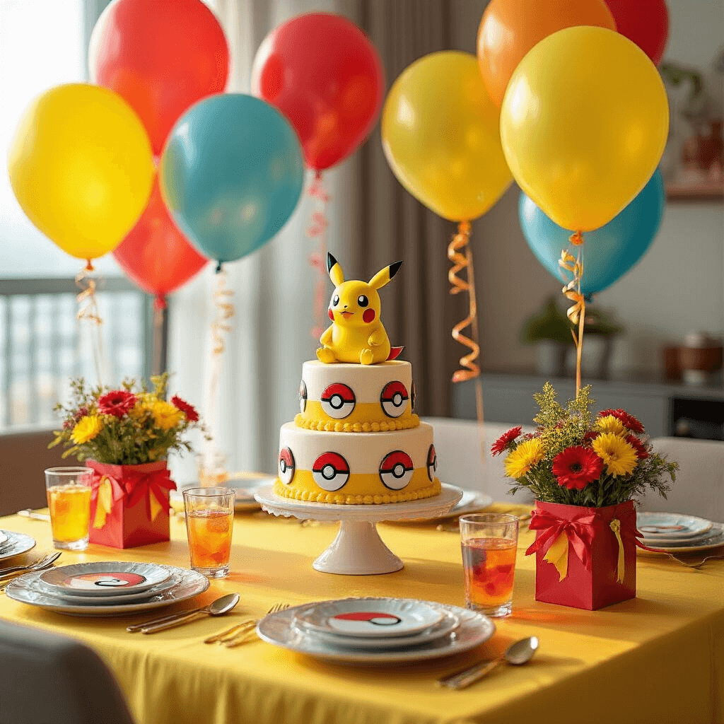 Pokémon Balloons: Everything You Need to Turn Your Party Into a Total Poké-Paradise Close-up of an elegant Pokémon-themed birthday party setup on a modern dining table, featuring a tiered cake, mylar balloons of starter Pokémon, silk yellow linens, Pokéball plates, colorful drinks, curled ribbons, and vibrant fresh flowers, all illuminated by soft morning light.