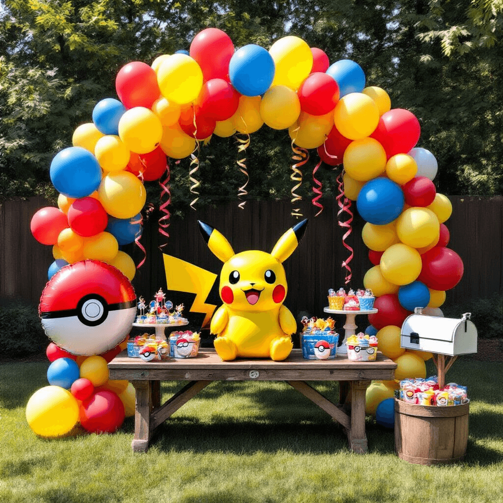 Pokémon Balloons: Everything You Need to Turn Your Party Into a Total Poké-Paradise Overhead flat lay of a vibrant backyard Pokémon party entrance with a life-sized Pikachu mylar balloon and colorful balloon bouquet near a mailbox, featuring coordinating latex and Pokéball-themed balloons, curling ribbon streamers, and party favors on a rustic wooden table, all enhanced by midday sunlight and contrasting green grass.