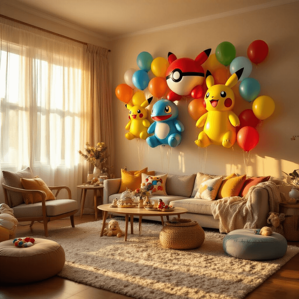 Pokémon Balloons: Everything You Need to Turn Your Party Into a Total Poké-Paradise A cozy living room bathed in golden hour light, featuring a vibrant Pokémon balloon wall display with character balloons, plush carpet, comfortable seating, and playful decorative elements, creating an inviting and child-friendly atmosphere.