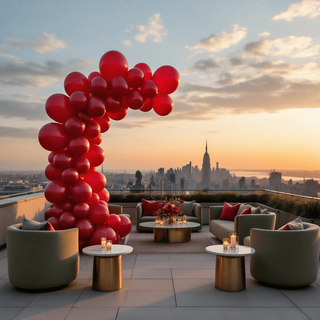 Cherry Balloons: Everything You Need to Know About This Sweet Party Trend An intimate rooftop terrace party featuring a sophisticated cherry balloon display with large foil and smaller latex balloons, modern minimalist furniture in muted terracotta and sage green, sleek marble side tables, and a cityscape sunset backdrop, enhanced by soft evening light, delicate silk table runners, candle clusters, and elegant glassware, all captured in a cinematic wide-angle shot.