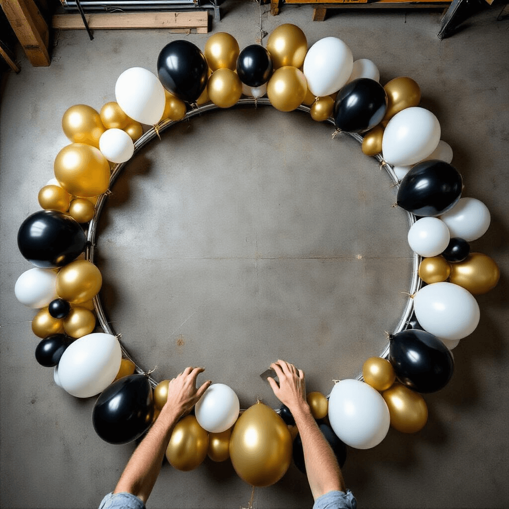 How to Create a Stunning Round Balloon Backdrop That'll Make Your Party Unforgettable An overhead view of a garage workspace showing the process of creating a balloon backdrop with a circular metal frame, chrome gold, white, and black balloons, and tools like an electric pump, gaff tape, and clear fishing line, highlighting the intricate craftsmanship involved.