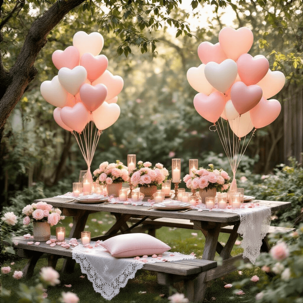 Balloon Decorations That'll Make Your Guests Say "Wow" (Without Breaking Your Budget) Overhead view of a romantic backyard garden party setup for Valentine's Day, featuring heart-shaped balloon arrangements in blush pink and cream, a rustic wooden picnic table with vintage lace runners, rose gold confetti-filled balloons, delicate glass votives with soft pink candles, and scattered rose petals amidst dappled morning light.