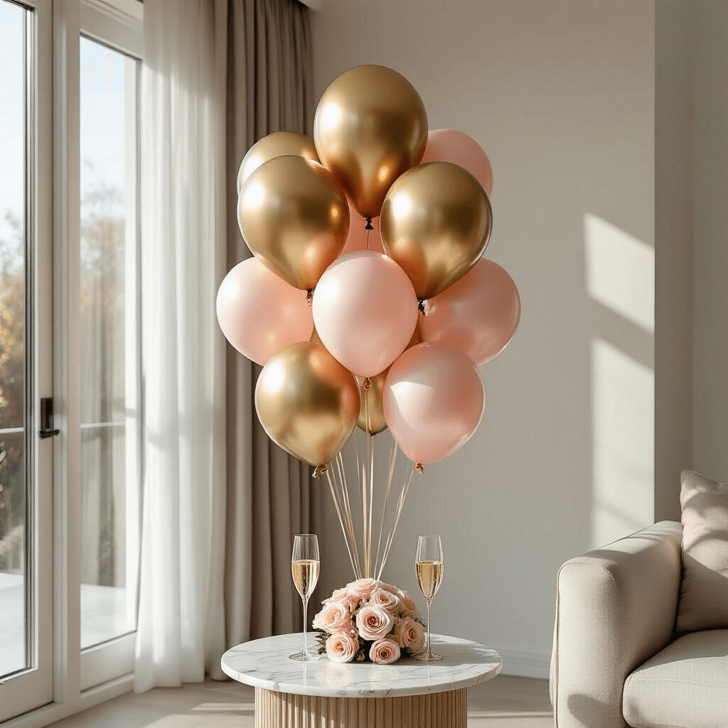 Happy Birthday Balloon Bouquets: Everything You Need to Know Before You Order A luxurious birthday balloon bouquet in a sunlight-filled modern living room, featuring oversized metallic gold and blush pink balloons against white walls, with a marble side table holding a champagne flute and fresh roses, illuminated by soft morning light.