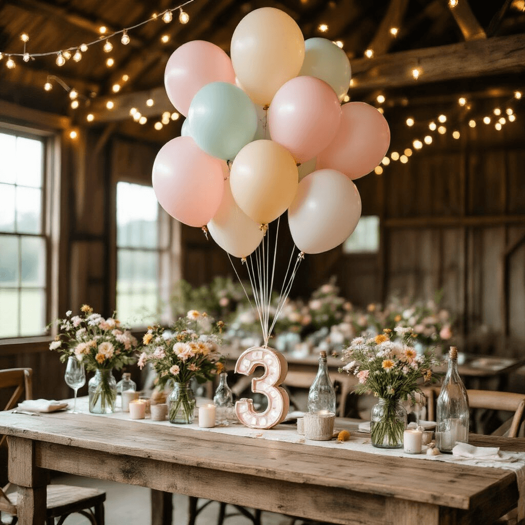 Happy Birthday Balloon Bouquets: Everything You Need to Know Before You Order An intimate rustic barn birthday celebration with pastel balloons, fairy lights, and wildflower centerpieces on a reclaimed wood table, highlighting a hand-painted age balloon.