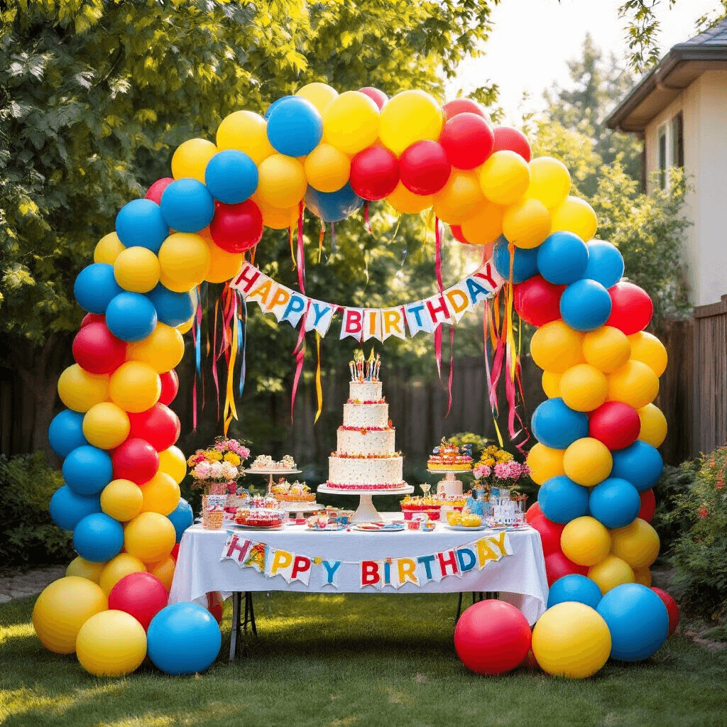 Happy Birthday Balloon Bouquets: Everything You Need to Know Before You Order A colorful backyard birthday celebration featuring a large balloon arch in blue, yellow, and red, surrounded by balloon clusters and a decorated dessert table with a tall birthday cake, adorned with streamers and banners under soft afternoon sunlight.