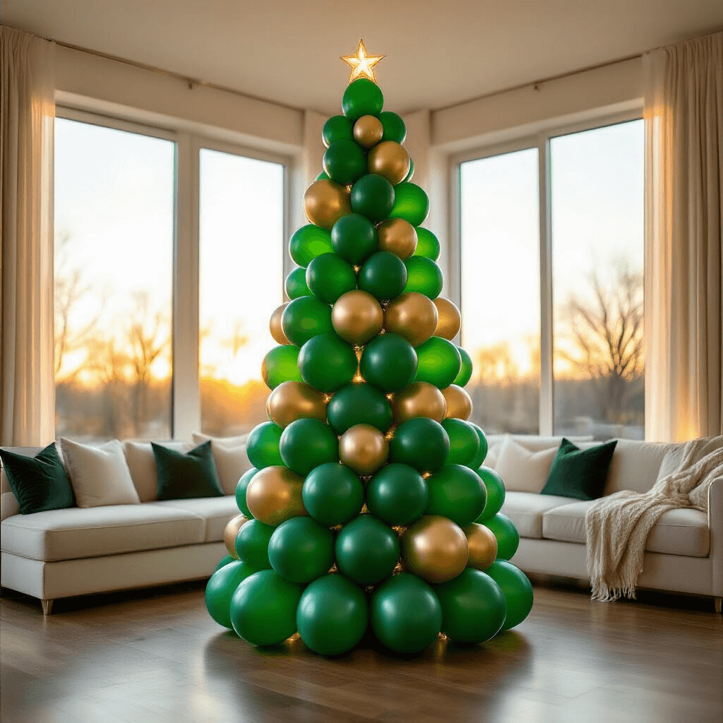 Balloon Christmas Trees: Why I'm Ditching My Fake Pine This Year Wide-angle shot of a modern living room during golden hour, showcasing an 8-foot tall balloon Christmas tree made of emerald green latex balloons with metallic gold accents, beside a cream sectional sofa, illuminated by warm sunlight through large windows.
