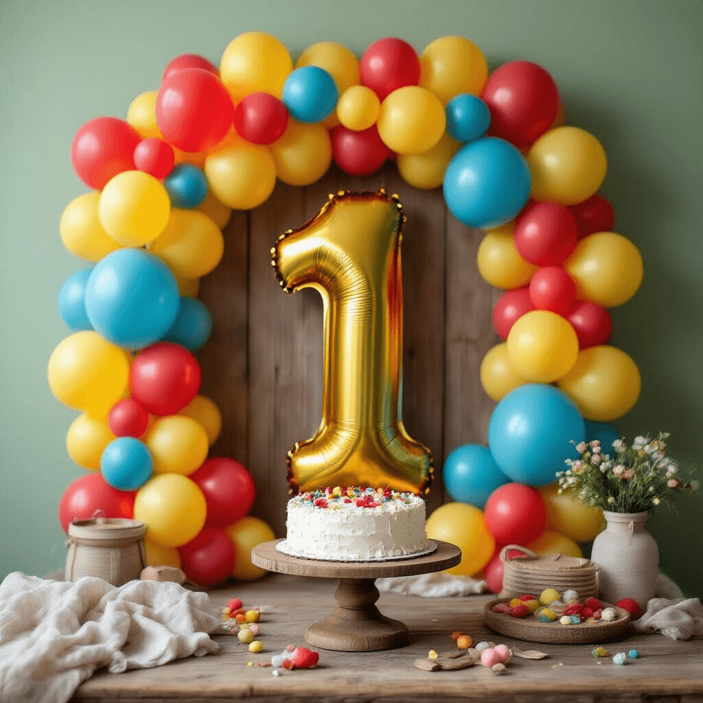 Number Balloon Decorations That'll Make Your Next Party Absolutely Unforgettable Close-up of a colorful balloon installation for a child's first birthday, featuring a large metallic '1' surrounded by primary color balloon clusters against a rustic wooden backdrop and soft sage green walls. A handcrafted wooden cake stand and scattered party favors enhance the festive atmosphere, illuminated by natural window light.