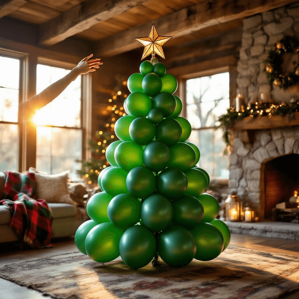 Balloon Christmas Trees: Why I'm Ditching My Fake Pine This Year Close-up of a child’s hand placing a metallic gold star atop a 7-foot balloon Christmas tree in a rustic living room during golden hour, featuring deep green balloon clusters, weathered wood beams, and a stone fireplace, with cozy textiles and warm sunlight creating a magical atmosphere.