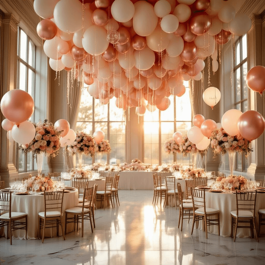 Where to Buy Colorful Balloons That'll Make Your Party Pop (Without Breaking the Bank) A beautifully decorated indoor ballroom during golden hour, featuring pink, cream, and rose gold balloon garlands, elegantly arranged round tables with silk ivory linens, and stunning balloon centerpieces in ombre shades, illuminated by sunlight streaming through tall windows.