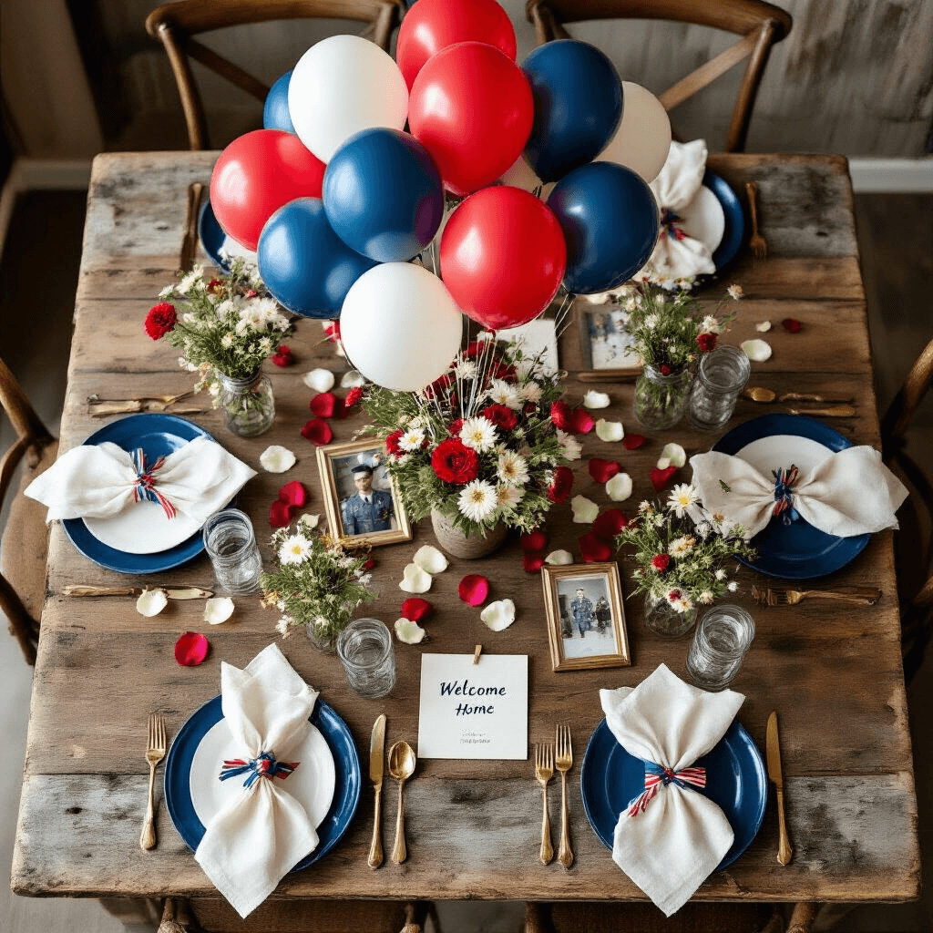 Welcome Home Balloons: Everything You Need to Know About Choosing the Perfect Greeting Overhead flat lay of a rustic dining table set for a welcome home celebration, featuring a patriotic balloon bouquet centerpiece, vintage military photos, navy blue ceramic plates, wildflower-filled mason jars, and scattered rose petals, all bathed in soft morning light.