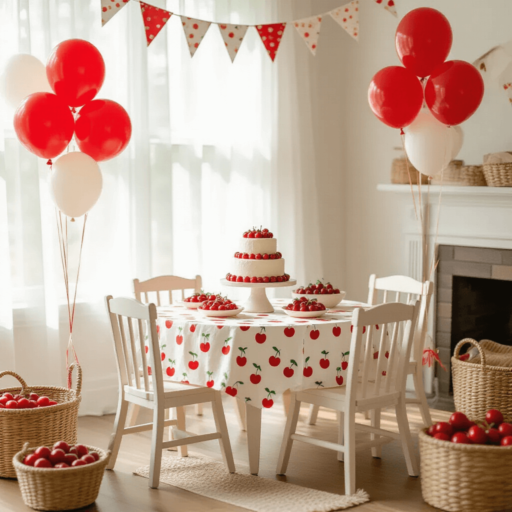 Cherry Balloons: Everything You Need to Know About This Sweet Party Decoration A whimsical child's first birthday party setup featuring DIY cherry balloons, miniature high chairs, a cherry-print tablecloth, a two-tier vanilla cake with fresh cherries, and cherry-themed party favors in a bright living room with natural sunlight.