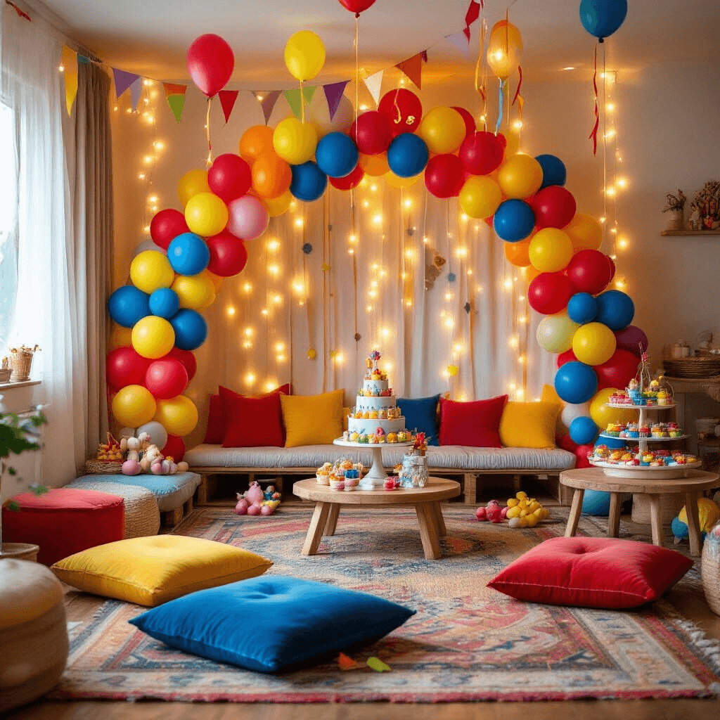 Where to Get Birthday Balloons: Your Complete Guide to Finding Perfect Party Decorations A whimsical children's birthday party in a cozy living room, featuring colorful balloon arrangements, intimate seating with velvet cushions, a DIY photo booth, and soft string lights creating a magical ambiance.
