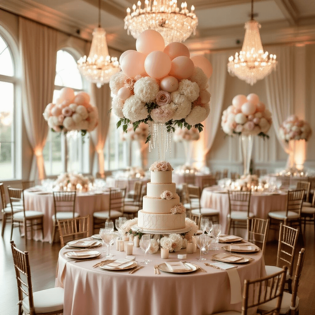 How to Draw Balloons: From Simple Sketches to Show-Stopping Designs Photorealistic wide-angle view of an elegant indoor ballroom birthday celebration at golden hour, featuring round tables with blush pink silk linens, pastel balloon centerpieces, crystal chandeliers, and a tiered cake on an antique cart surrounded by helium balloons with kawaii faces, all enveloped in warm ambient light and delicate fairy lights.