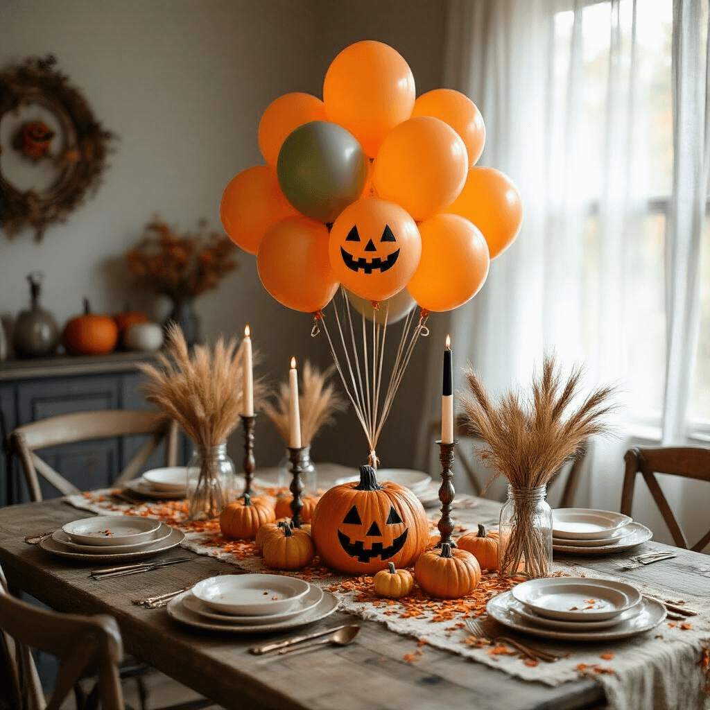 Halloween Balloons: Your Complete Guide to Spooky, Show-Stopping Party Decorations Overhead view of a Halloween-themed dining nook featuring a rustic wood table with an elaborate balloon centerpiece, cream ceramic plates, vintage brass candlesticks, miniature pumpkins, and softly glowing ghost balloons, all illuminated by morning light.